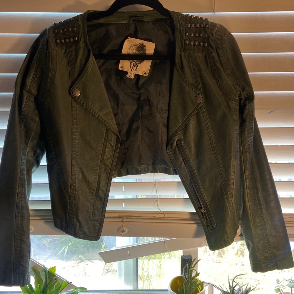 Dark green leather jacket with rhinestones